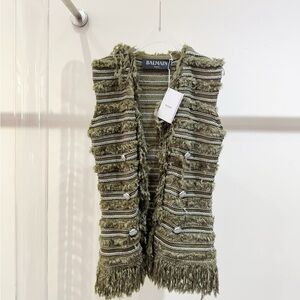 Authentic Balmain Olive Knit Fringe Top